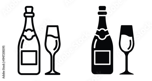 Champagne bottle and glass icons in outline and solid black styles for celebration party wedding events and drink menu design