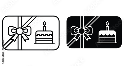 Birthday gift card icon set with ribbon bow and cake with candle symbol for celebration surprise voucher discount coupon design