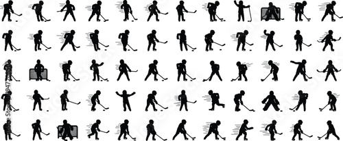 Kids ice hockey player silhouette collection showing skating, shooting, passing and goalie actions, winter sport activity icon set for youth training, competition and team gameplay
