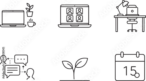Remote work and communication icons - laptop, call, desk, chat, seedling, calendar, video call, line art, home office, working from home, online meeting