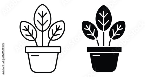 Potted plant icon set with leaf foliage in ceramic pot featuring outline and solid silhouette styles nature potted plant icon