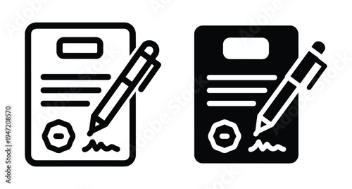 Contract icon set with pen and seal stamp for legal agreement business document signing and official certification paperwork symbol design