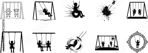 Kids swing silhouettes collection showing children playing on playground swings, joyful outdoor activity vector set illustrating childhood fun, motion and park recreation