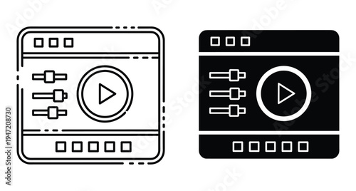 video player interface icons showing play button sliders and browser window for media editing software and digital content management tools
