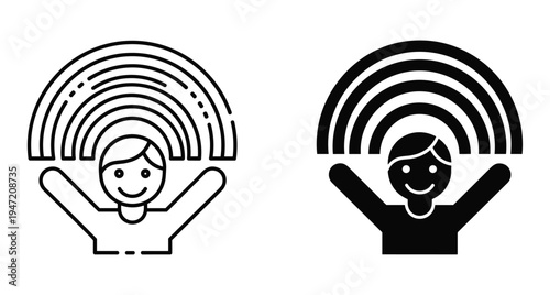 Happy person icon set with rainbow over head representing hope joy positivity mental health awareness in outline and solid styles