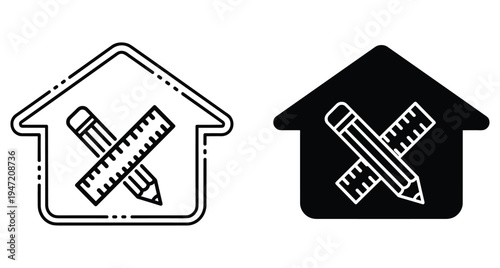House architecture icon set with crossed pencil and ruler for home design construction planning renovation project drafting and building services