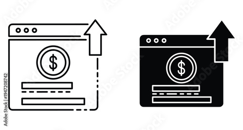 Web browser window with dollar coin and upward arrow icon representing online profit growth financial success digital monetization and earnings
