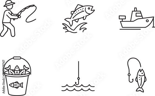 Fishing icons: fisherman, jumping fish, boat, bucket of fish, fishing hook, angler, line art, flat design, white background