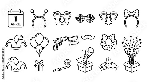 April fools day icons set in thin line style for holiday celebration