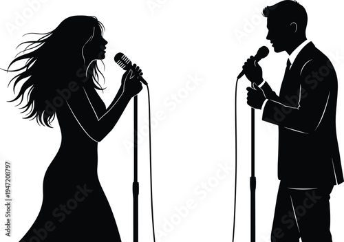 Male and female singers performing with microphones silhouettes, duet music performance concept, professional vocalists singing on stage isolated on white background