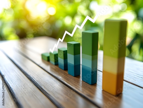 Growth Bar Chart with Upward Trend Line Outdoors on Wooden Table