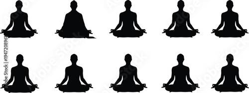 Meditation yoga silhouettes set showing woman sitting in lotus pose mindfulness relaxation spiritual practice isolated on white background wellness fitness and healthy lifestyle concept