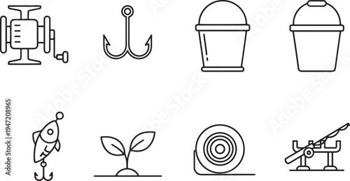 Fishing and gardening icons: fishing reel, hook, bucket, sprout, reel, seesaw, line art, flat design, white background
