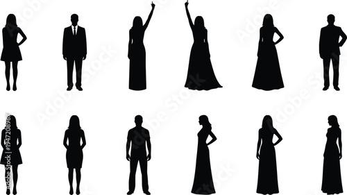 Men and women standing silhouette collection isolated on white background, diverse male and female body poses for fashion, people, character and design use