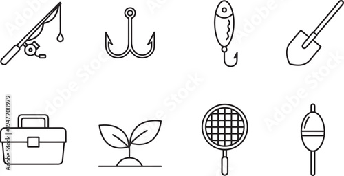Outdoor activity and hobby icons: fishing rod, hook, lure, shovel, toolbox, plant, racket, bobber, line art, flat design, white background