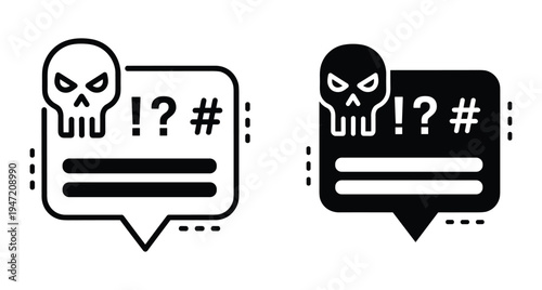Cyberbullying hate speech icon set with skull and offensive symbols in speech bubble for toxic online comments and harassment reporting