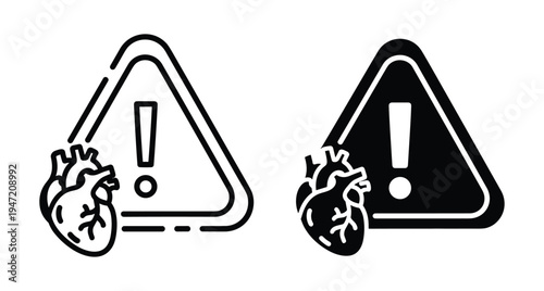 Human heart organ with warning triangle exclamation mark icon set representing cardiac arrest risk medical emergency health alert and cardiovascular disease