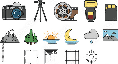MobilePhotography and Videography Icon Set Featuring Digital Camera, Tripod, Film Reel, Flash, Memory Card, Mountains, Forest, Sunset, Moon, and Weather Icons.