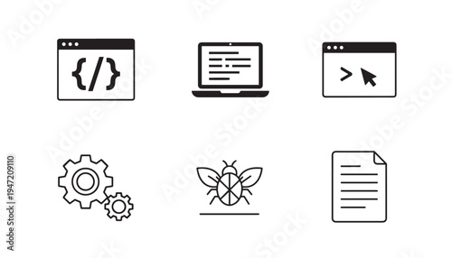 Coding and programming icons: code, laptop, bug, gear, document