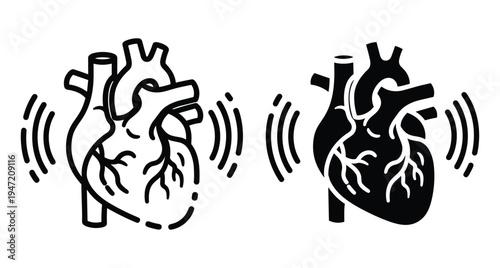 Anatomical human heart icons with heartbeat pulse waves showing cardiac rhythm and medical health monitoring symbols for cardiology and healthcare design