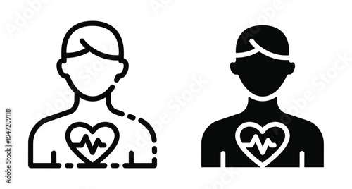 Human heart health icon set showing person with heartbeat pulse line for medical cardiology diagnostic and healthcare monitoring services
