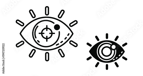 Eye icon set with target focus and vision rays for surveillance observation security monitoring digital interface design and graphic elements