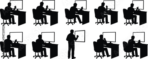 Office worker at desk using computer silhouettes set showing professional workplace activity isolated on white background business concept