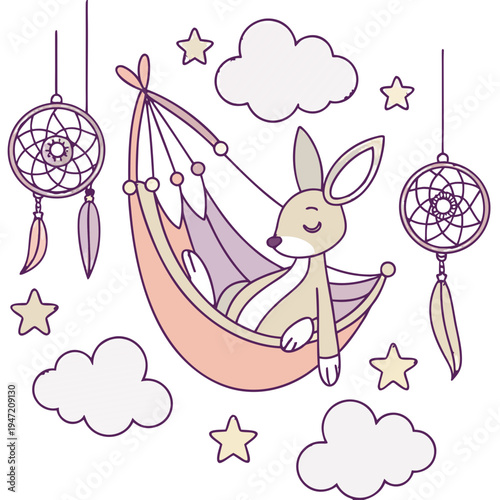 SVG art: A Funny Kangaroo in a Fantasy dream vibe with in a hammock, tinted with Dreamland tones