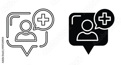 Add user icon set with person profile and plus sign in speech bubble for social media contact and member registration