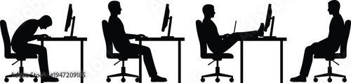 Office worker posture silhouette set showing correct and incorrect sitting positions at computer desk, ergonomics and workplace health concept isolated on white background