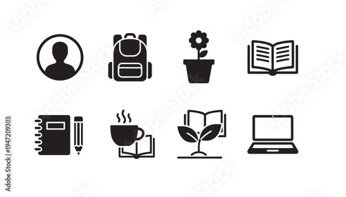 Education and learning icons: silhouette collection with backpack, books, plant, and laptop, black and white