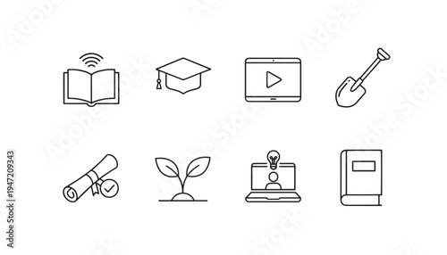 Online learning icons: line art set with books, graduation cap, tablet, scroll, and laptop, play button, light bulb, e learning, distance learning