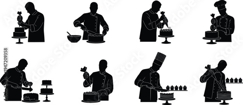 Pastry chef decorating cake silhouette set showing baker icing, frosting, slicing and preparing desserts, cupcakes and layered cakes in professional bakery kitchen.