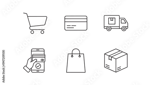 Online shopping icons: line art set with cart, credit card, truck, phone, bag, and box, e commerce