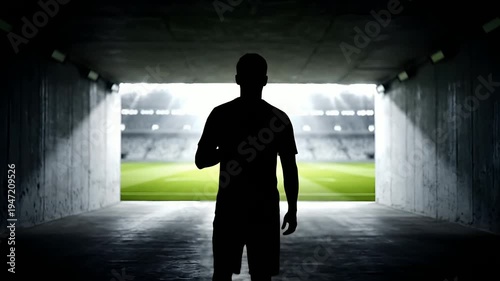 Athlete silhouette standing in dark tunnel leading to bright lit stadium