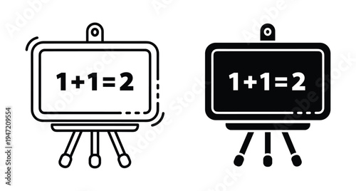 Whiteboard easel icon set with simple math addition equation one plus one equals two for school education and learning