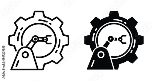 Industrial robotic arm icon set with gear symbol representing automation technology manufacturing engineering mechanical process factory production system hardware equipment tools