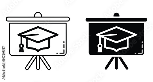 graduation cap on presentation screen icon set showing academic achievement education seminar lecture university degree mortarboard symbol for learning