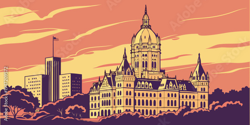 USA, US, U.S, United States - Hartford Skyline at Sunset – Glowing Historic Architecture and Panoramic Cityscape in the United States