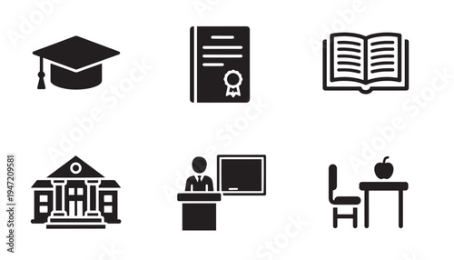 Education icons: solid black icons with graduation cap, certificate, book, school, and teacher