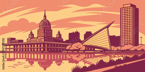 USA, US, U.S, United States - Milwaukee Lakefront Skyline at Sunset – Panoramic Cityscape with Lake Michigan Reflections in the United States