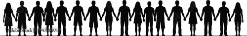 People holding hands silhouettes forming unity chain, diverse community teamwork and solidarity concept, human connection and social support illustration isolated on white background
