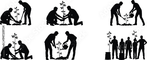 People planting tree silhouettes set showing environmental conservation teamwork gardening activity isolated on white background eco concept