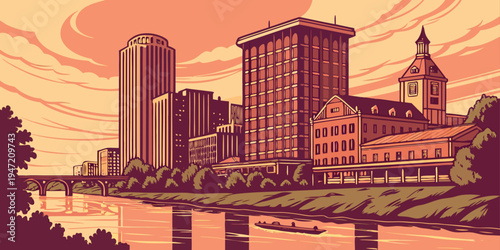 USA, US, U.S, United States - Richmond Skyline at Sunset – River Reflections, Historic Architecture, Panoramic Cityscape Photography