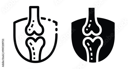 Joint protection icon set showing human bone anatomy with shield for orthopedic health medical care arthritis prevention and bone strength