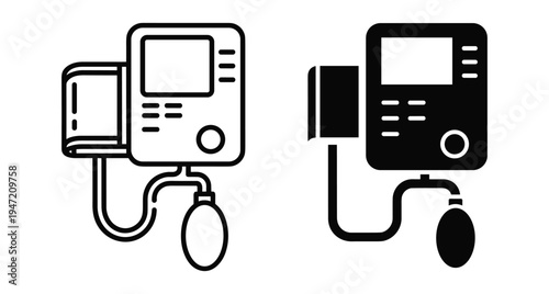Blood pressure monitor icon set with digital display and arm cuff for medical health checkup and hypertension monitoring equipment