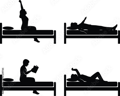 People relaxing on bed silhouette set showing stretching, reading book, lying and resting poses, bedroom lifestyle activity icons isolated on white background