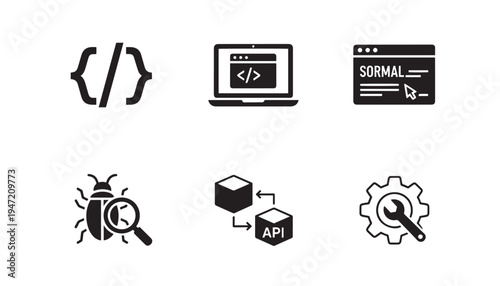 Coding and programming icons - set for software development, debugging, and apis, magnifying glass, web development, app development, computer science, icon set