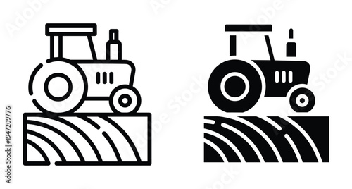 Tractor icon set showing agricultural machinery plowing a field in line and solid styles for farming and rural industry design
