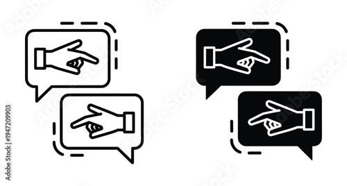 Hand pointing finger inside speech bubble icon set with outline and solid versions for communication direction and message notification symbols